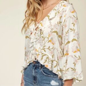 O'Neill April Spring Floral Ruffle Blouse Top Winter White
